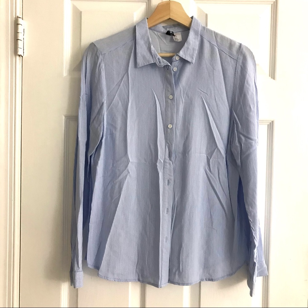 Divided blue and white striped button down shirt